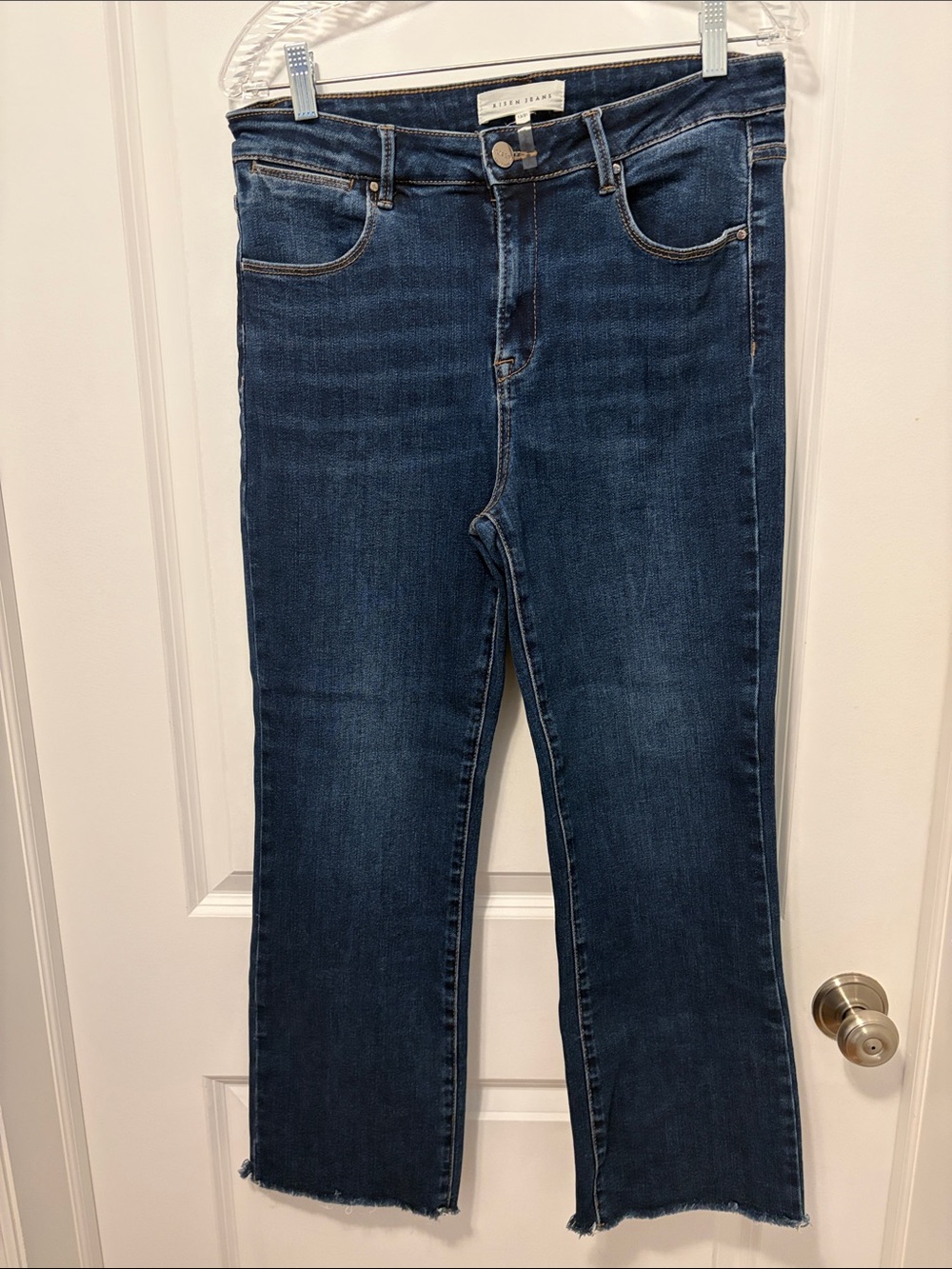 Risen Dark Blue Straight Jeans with Raw Hem Size 31